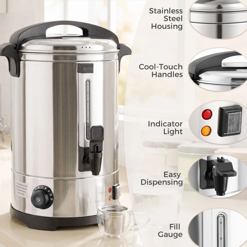 HOMCOM 6.5L Catering Urn, 1500W Stainless Steel Hot Water Boiler Dispenser with Thermostat, Keep Warm Function & Easy Pour Tap