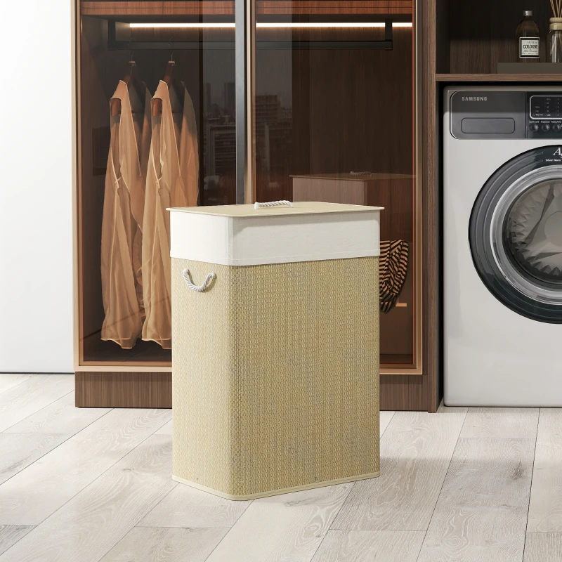 HOMCOM Panier à linge en bambou avec couvercle 72 L Collecteur à linge avec poignées en bambou, sac à linge amovible naturel