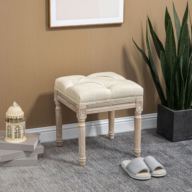 HOMCOM Repose pied salon, ottoman, siège rembourré en tissu aspect lin avec pieds en bois d'hévéa, 40 x 40 x 43 cm, beige