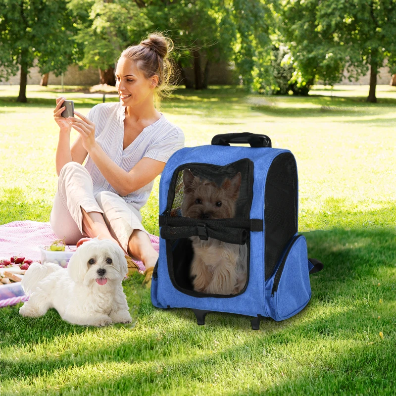 PawHut Sac de transport à roulettes pour chien 2 en 1 trolley chariot sac à dos pour chien chat avec poignée téléscopique, sacs de rangement, aérations, attache de sécurité, 42 x 25 x 55 cm, bleu