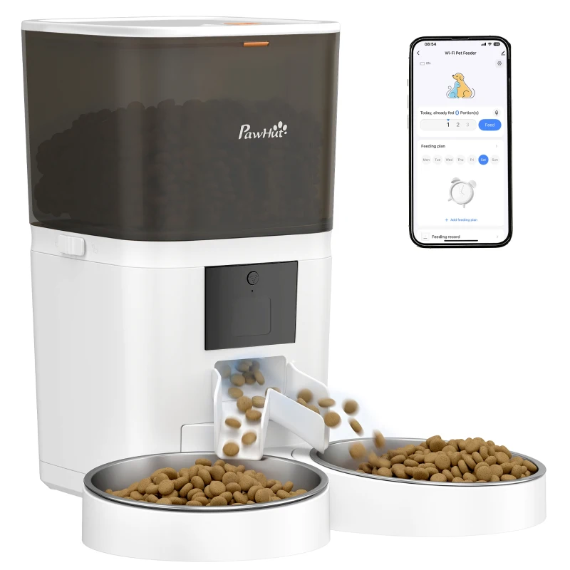 PawHut Distributeur Croquettes Chat Automatique 2 Animaux 6L Double Bol Inox WiFi Tuya App ABS 37x36x35cm Blanc