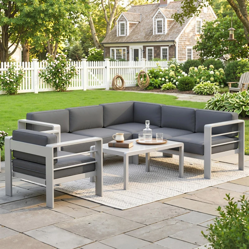 Outsunny Five-Piece Aluminium Garden Sofa Set, with Glass-Top Table - Grey