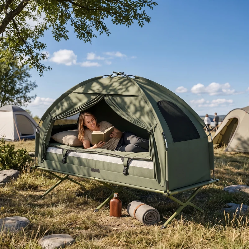Outsunny 1 person Foldable Camping Tent w/Sleeping Bag Air Mattress Outdoor Hiking Picnic Bed cot w/Foot Pump