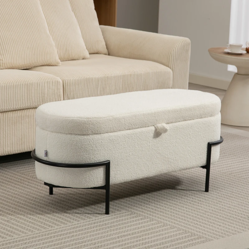 HOMCOM Banc de rangement, banc coffre de rangement en tissu bouclette avec couvercle relevable et pieds en acier, crème