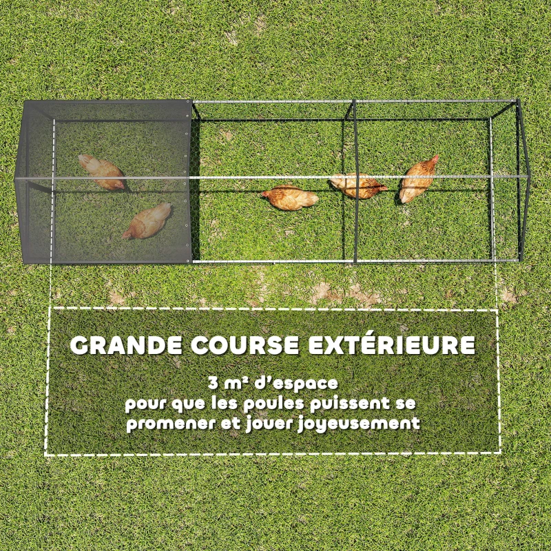 PawHut Enclos Poulailler Extérieur, Couverture Imperméable, 2 Portes Latérales, pour 3-5 Poules, 3x1x1m, Acier, Noir