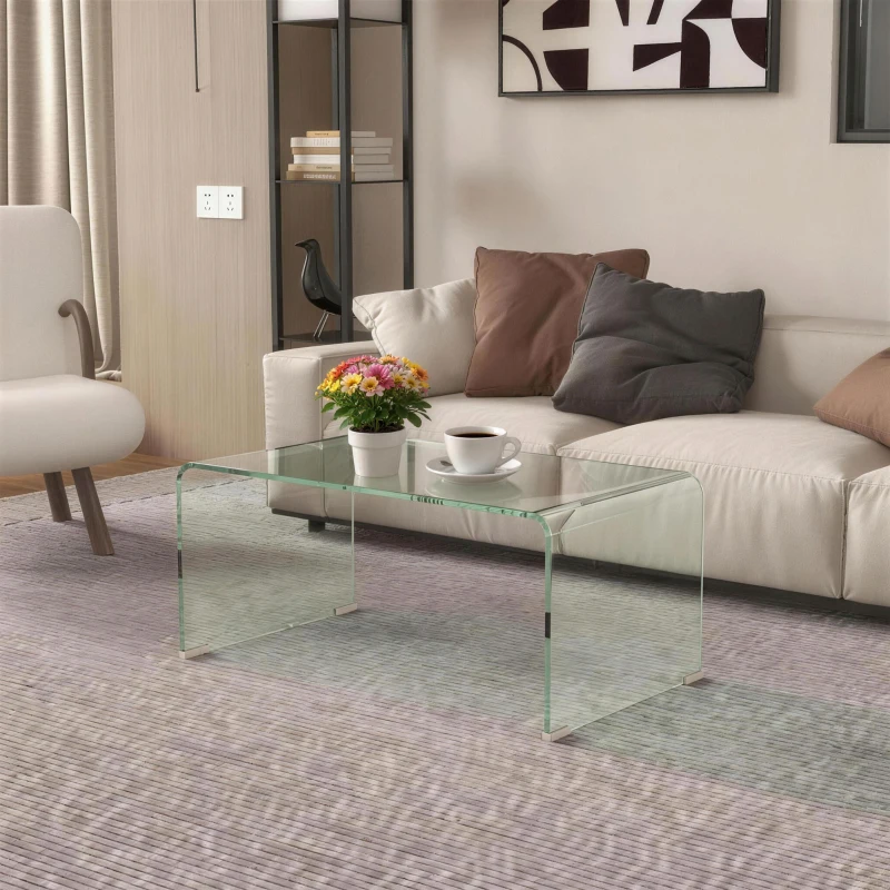 HOMCOM Tavolino in Vetro Temperato Moderno da Salotto con Design Monoblocco, 80x45x35 cm, Trasparente