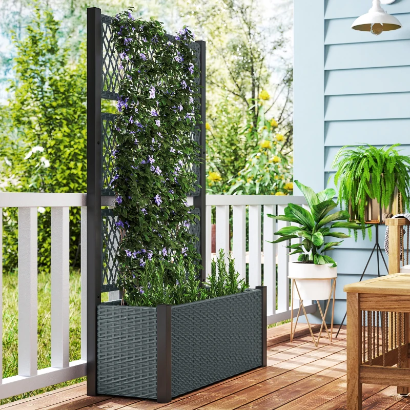 Outsunny Garden Planter Box with Trellis, Liner for Climbing Plants, Vegetables, Flowers, 90 x 35 x 148 cm, Charcoal Grey