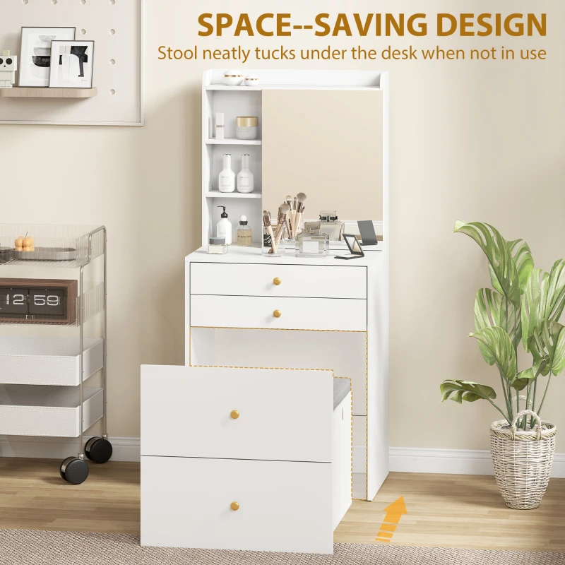 HOMCOM Dressing Table with Mirror and Mobile Storage Stool, Compact Vanity Table with Cabinet, Drawers, Open Shelves, White