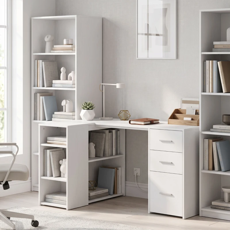 HOMCOM Escritorio Esquinero en L con 3 Cajones 5 Compartimentos Abiertos y Estantes Regulables 140x100x75 cm Blanco