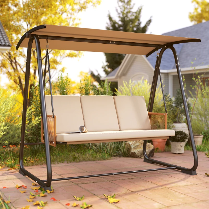 Outsunny Balancelle de Jardin Banc Suspendu Extérieur 3 Places Structure Acier Robuste 360kg Coussin Grand Confort 7cm Sable