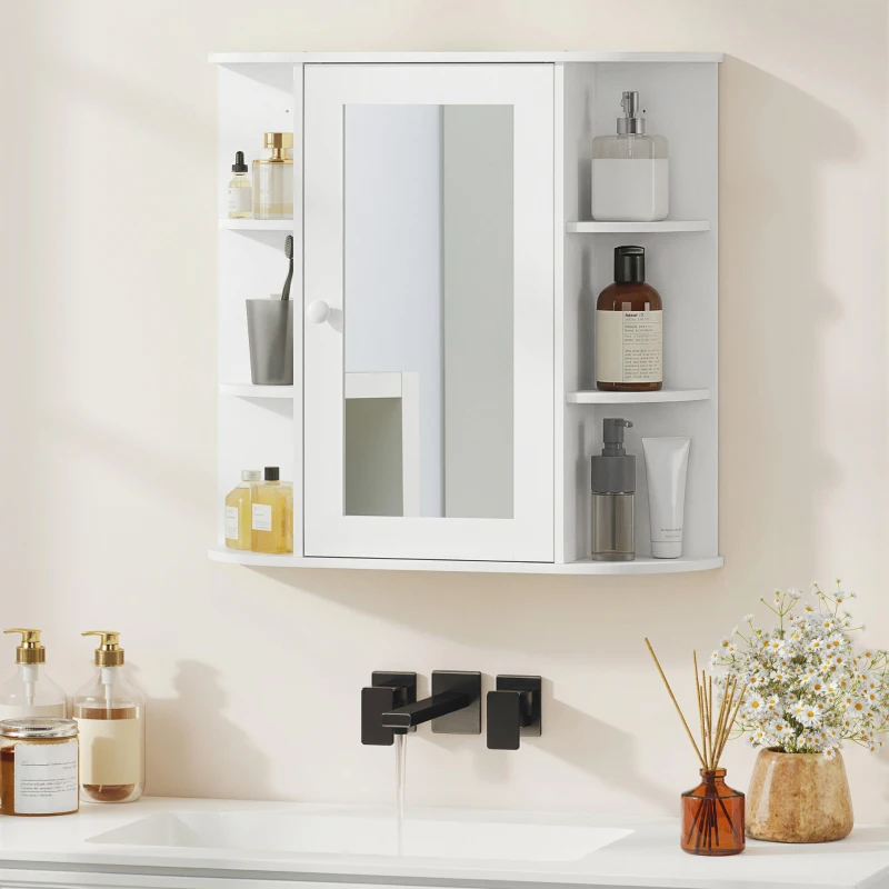 Homcom Dulapior Baie cu Oglinda – Lemn Alb 66×17×63 cm