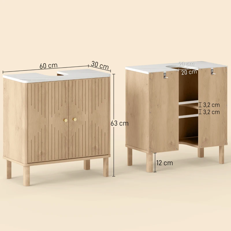 HOMCOM Mobile Sottolavabo a 2 Ante con Ripiano Effetto Marmo e Mensola Regolabile, Rovere