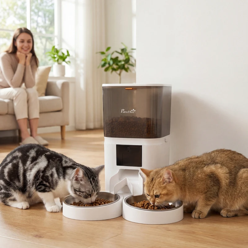 PawHut Distributeur Croquettes Chat Automatique 2 Animaux 6L Double Bol Inox WiFi Tuya App ABS 37x36x35cm Blanc