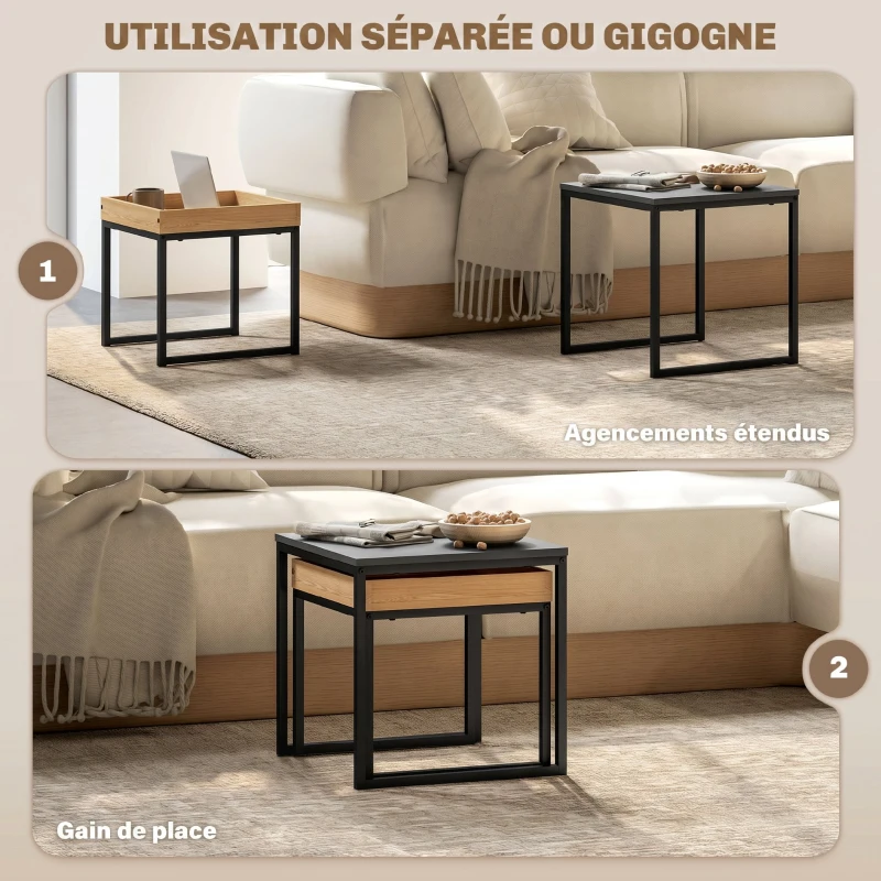 HOMCOM Lot de 2 tables basses gigognes carrées, tables gigognes de salon avec cadre en acier, style moderne, noir