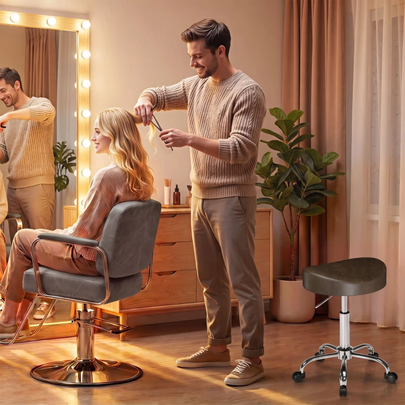 HOMCOM Taburet pe roți, taburet pentru salon cu înălțime reglabilă 51-66 cm și șezut căptușit, rotativ 360°, maro