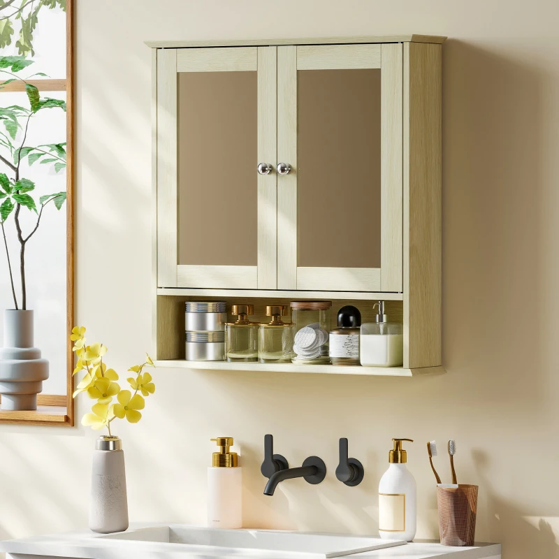 kleankin Armoire murale salle de bain avec miroir, 56 x 13 x 58 cm, meuble salle de bain avec Portes Miroir Doubles Bois Naturel