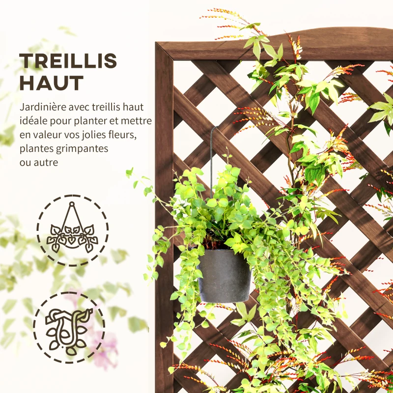 Outsunny Jardinière avec Treillis bac à Fleurs 76 x 36 x 170 cm Fond à Lattes Bois Sapin pré-huilé marron foncé