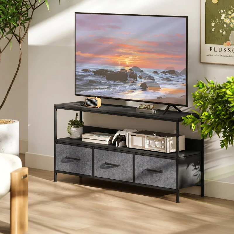 HOMCOM Mobile Porta TV da 55" con Cassetti Pieghevoli in Tessuto e Mensola in Metallo e MDF, 120x29x56cm, Nero