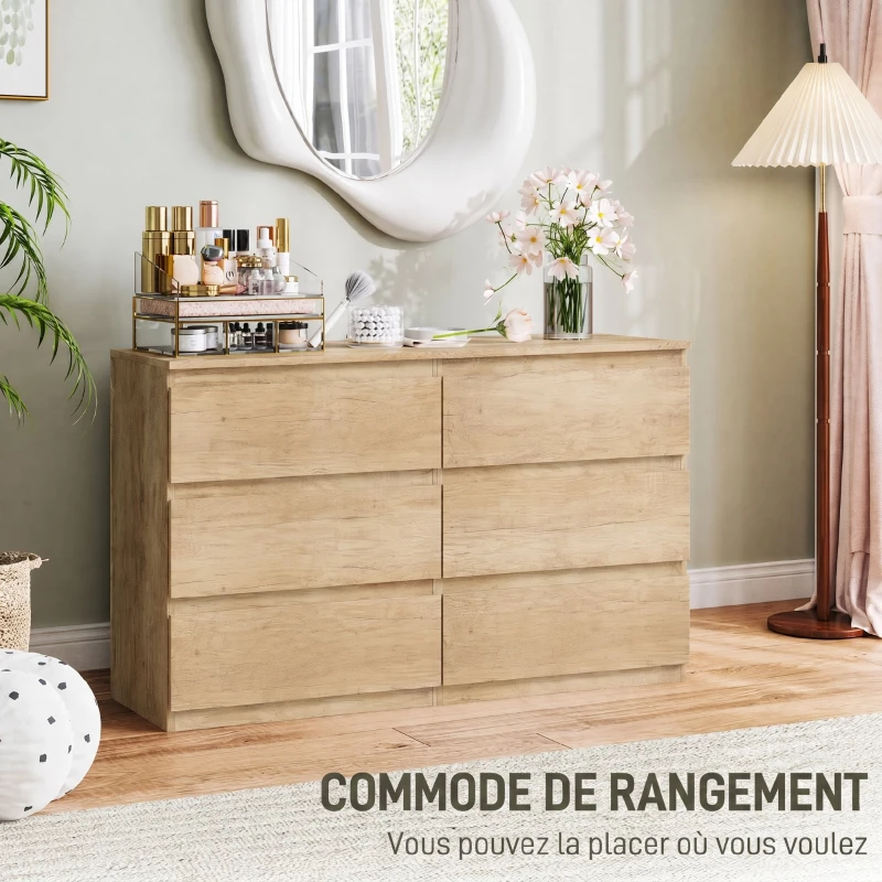 HOMCOM Commode 6 tiroirs meuble de rangement sans poignées design minimaliste 120 x 39 x 75 cm chêne