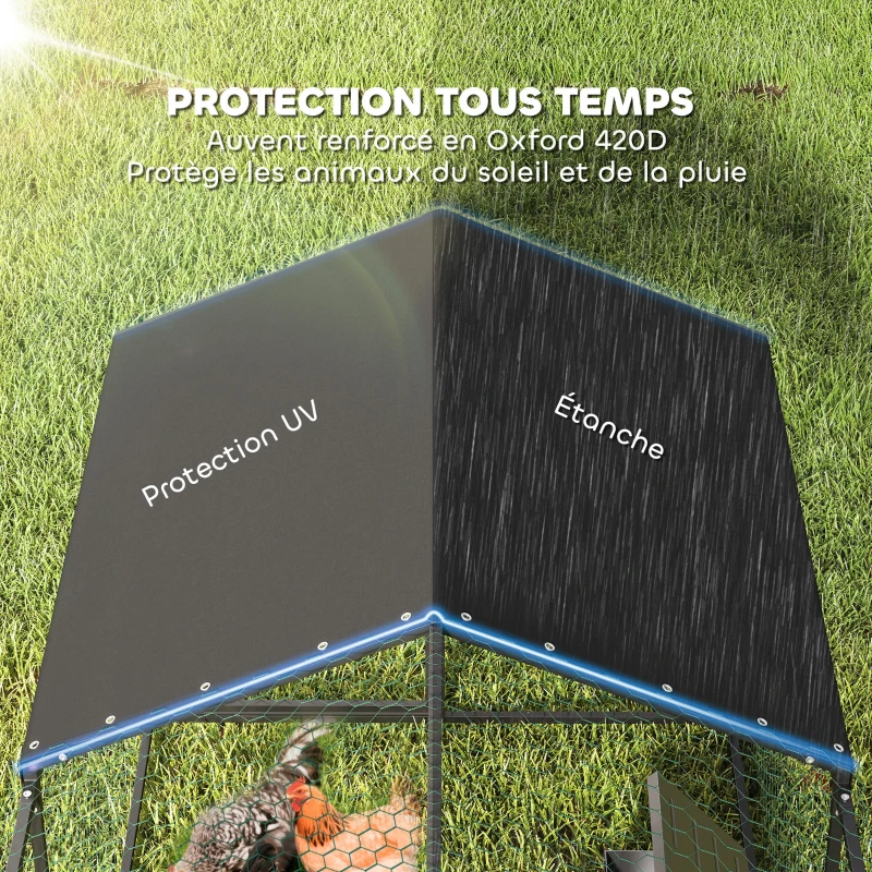 PawHut Enclos Poulailler Extérieur, Couverture Imperméable, 2 Portes Latérales, pour 3-5 Poules, 3x1x1m, Acier, Noir