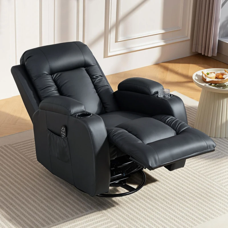 HOMCOM Fauteuil inclinable de massage et chauffage, fauteuil de relaxation, dossier réglable, pivotant 360°, 82x99x103cm, noir