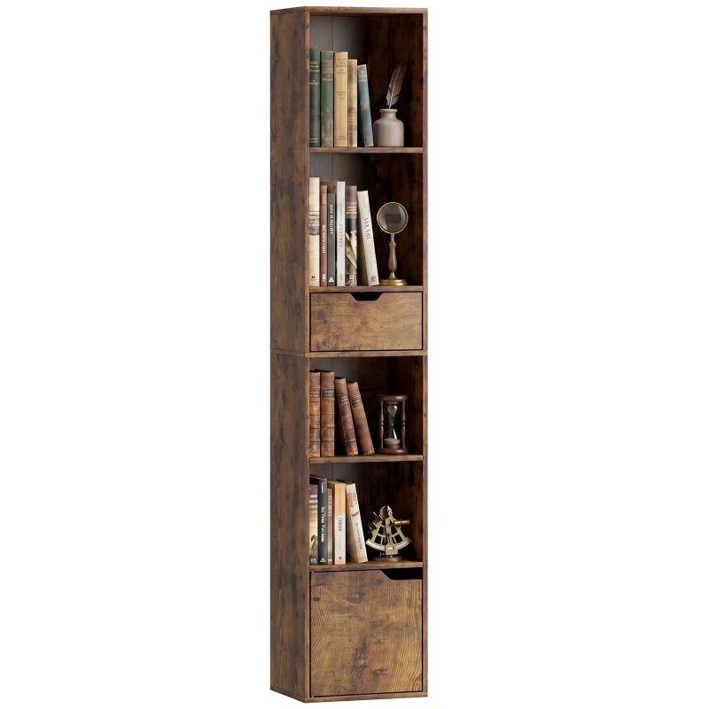 HOMCOM Bücherregal mit 6 Ebenen, 3-stufig verstellbar, mit Schublade, Schranktür, anpassbares Regal, Ausstellungsregal, Braun