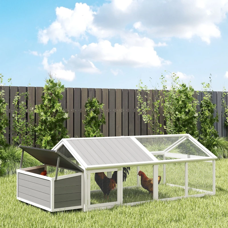 PawHut Poulailler pour poules cage à poule avec nichoir porte et toit ouvrable pour 4 et 8 poules 240 x 112,5 x 76 cm blanc