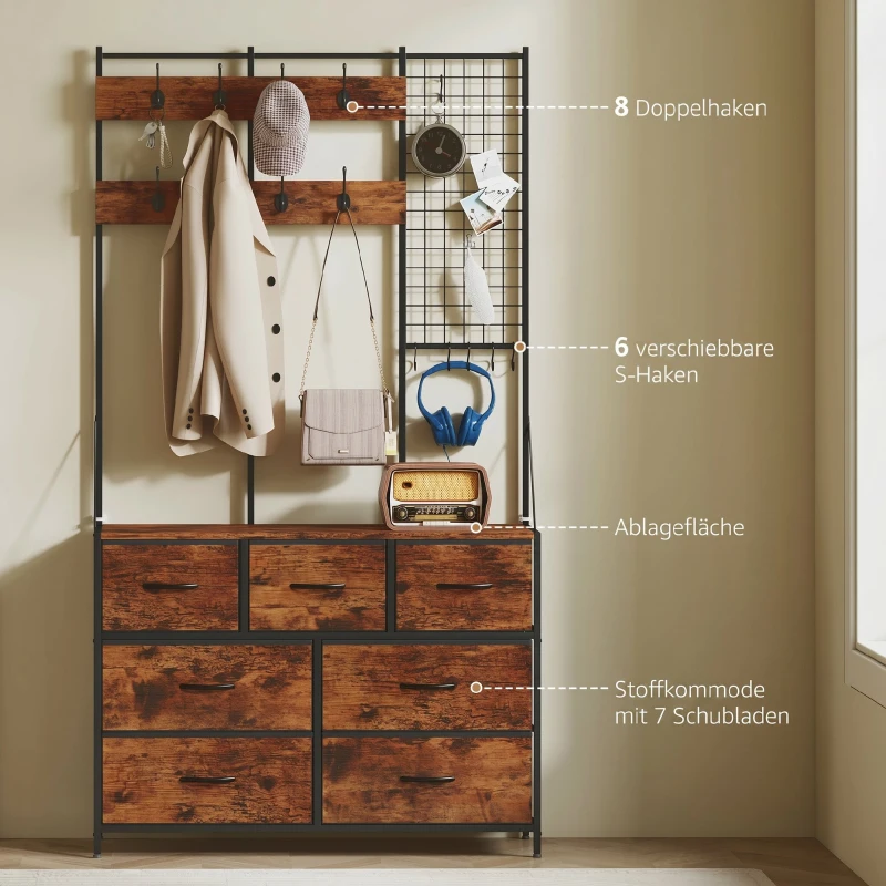 HOMCOM Garderobenständer, Kleiderständer mit Stoff-Schublade, 14 Haken für Flur, Schlafzimmer, Rustikal-Braun, Höhe 183 cm