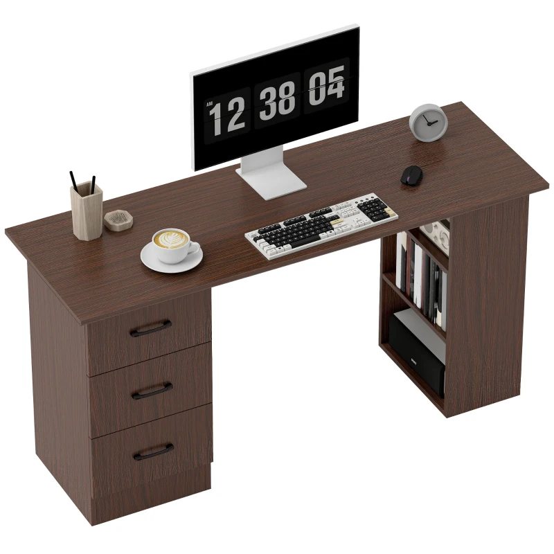 HOMCOM Moderner Schreibtisch mit 3 Schubladen und 3 Regalfächern für Schlafzimmer und Büro, aus Holz, 120x49x72 cm, Farbe Nussbaum