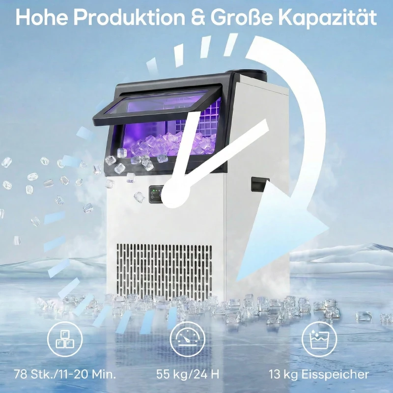 HOMCOM Gewerbliche Eiswürfelmaschine, 55 kg/24h Edelstahl Unterbau- oder freistehende Eiswürfelmaschine mit 13 kg Speicher