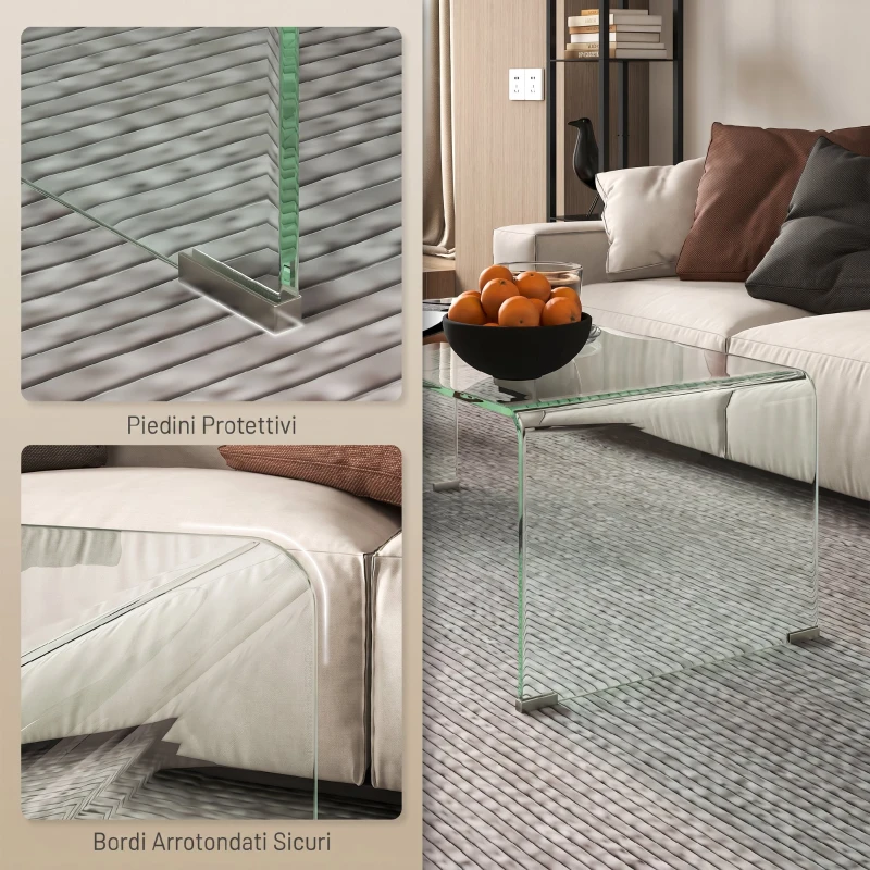 HOMCOM Tavolino in Vetro Temperato Moderno da Salotto con Design Monoblocco, 80x45x35 cm, Trasparente