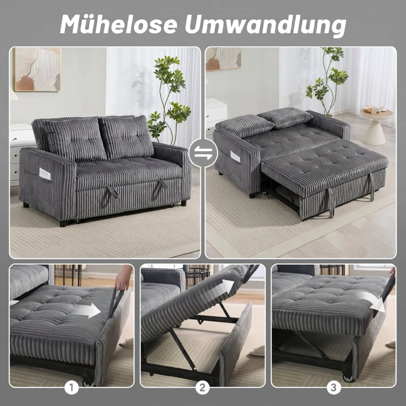 HOMCOM 2-Sitzer Sofabett, Cordbezug, zum Schlafsofa umwandelbar, 2 Kissen, Seitentaschen, 157 x 190 cm, Dunkelgrau