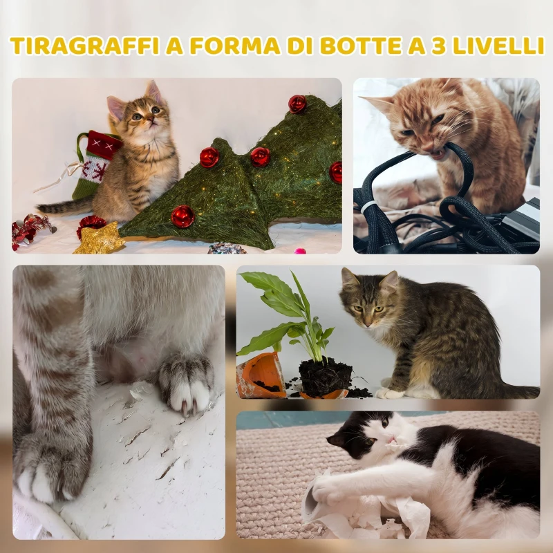 PawHut Cuccia per Gatti Tiragraffi a Torre con 2 Nicchie, Corda in Sisal e Alga Marina, Bordo Peluche, Cachi