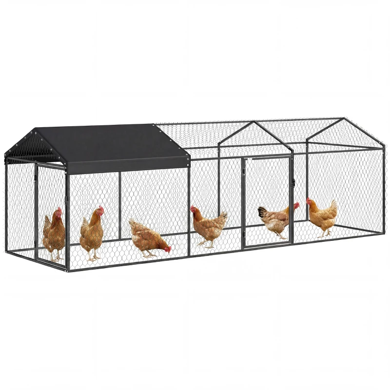 PawHut Enclos Poulailler Extérieur, Couverture Imperméable, 2 Portes Latérales, pour 3-5 Poules, 3x1x1m, Acier, Noir
