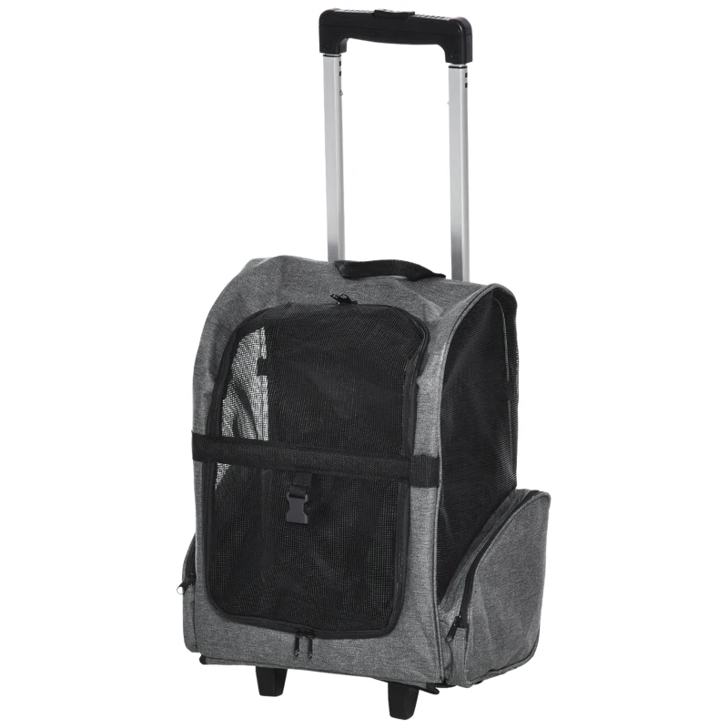 PawHut Sac de transport à roulettes pour chien 2 en 1 trolley chariot sac à dos pour chien chat avec poignée téléscopique, sacs de rangement, aérations, attache de sécurité, 42 x 25 x 55 cm, gris