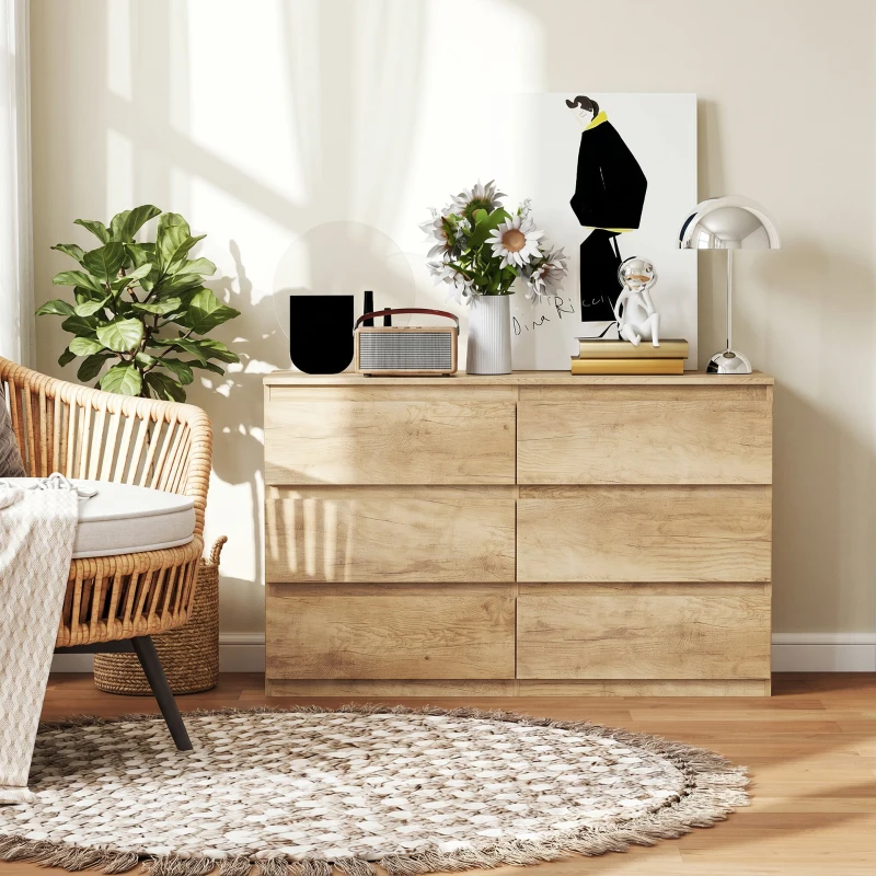 HOMCOM Commode 6 tiroirs meuble de rangement sans poignées design minimaliste 120 x 39 x 75 cm chêne