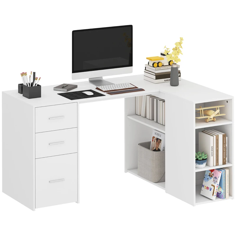 HOMCOM Escritorio Esquinero en L con 3 Cajones 5 Compartimentos Abiertos y Estantes Regulables 140x100x75 cm Blanco