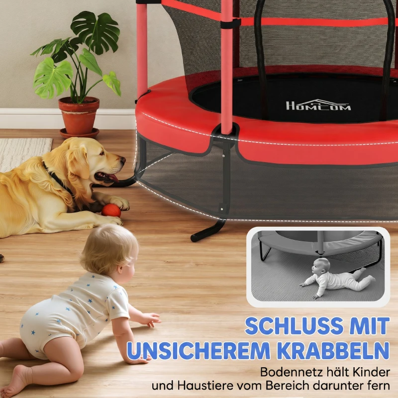 HOMCOM Trampolin für Kinder, Ø163 cm, mit Sicherheitsnetz, für drinnen und draußen, Belastung bis 50 kg, Stahl, Kunststoff, Rot