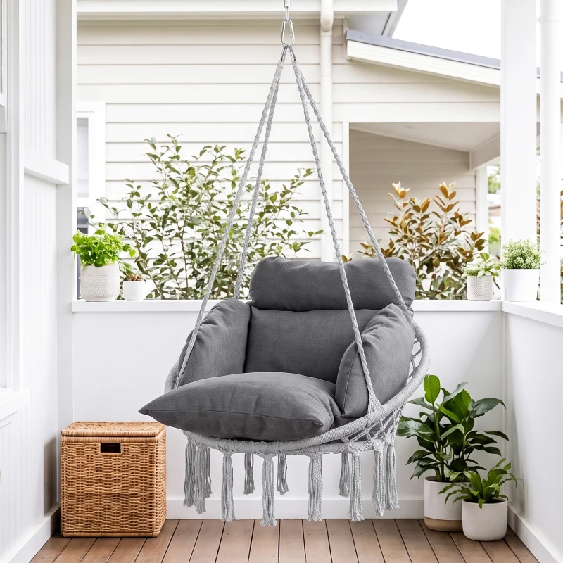 Outsunny Hanging Chair Outdoor Hammock Chair with Soft Cushion, Cotton Rope Boho Style Swing Chair, Hanging Garden Swing Seat for Indoor Outdoor, Dark Grey