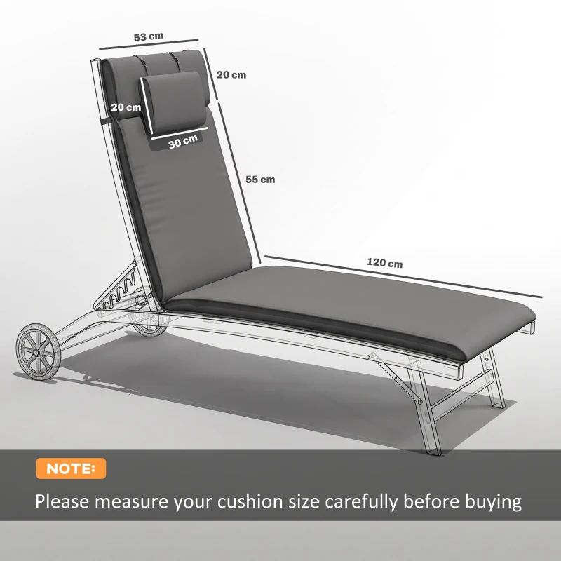 Outsunny Garden Sun Lounger Cushion Replacement Soft Sunbed Reclining Chair Relaxer Pad with Pillow, Cushion ONLY - Grey