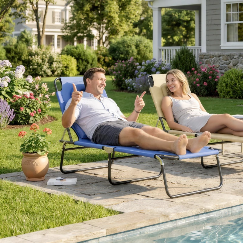 Outsunny Folding Sun Lounger with Face Hole, 4-Position Adjustable Backrest Garden Recliner Chair Sunbed, Outdoor Lounge Chair with 600 D Oxford Cloth Seat, Pillow for Beach, Blue