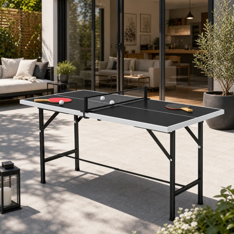 SPORTNOW 5ft Mid-Size Table Tennis Table, Ping Pong Table with Net, 2 Table Tennis Paddles and 3 Balls for Indoor Game, Black