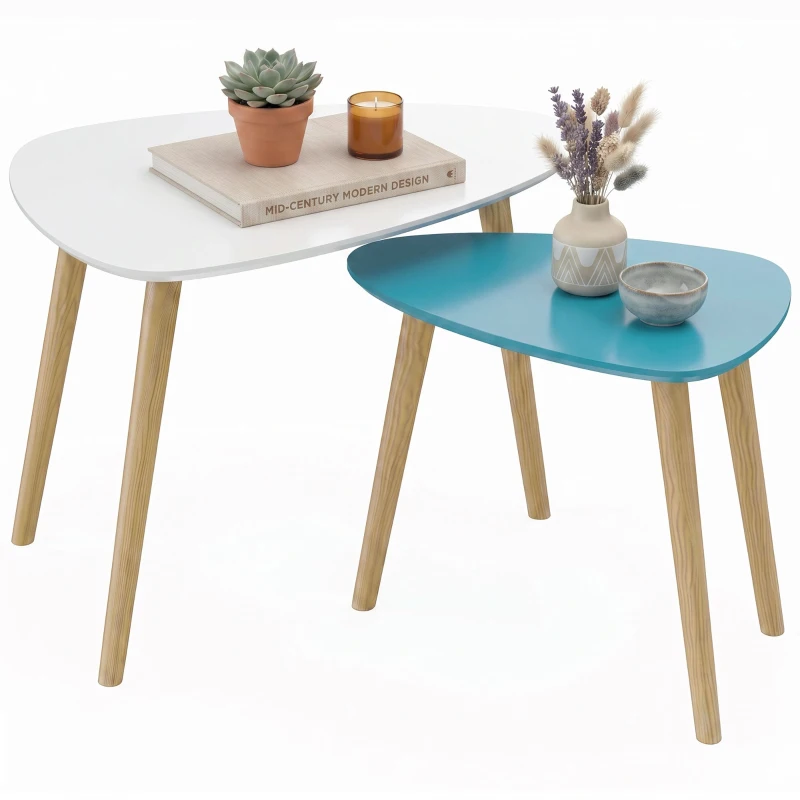 HOMCOM Lot de 2 tables basses gigognes design scandinave pieds en bois et plateau en bois, blanc et bleu
