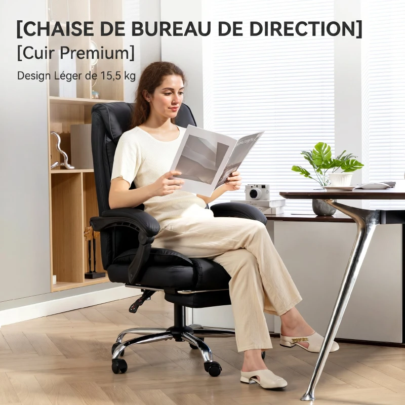 HOMCOM Chaise de bureau ergonomique, fauteuil de bureau inclinable avec repose-pieds, hauteur réglable, pivotante 360°, noir