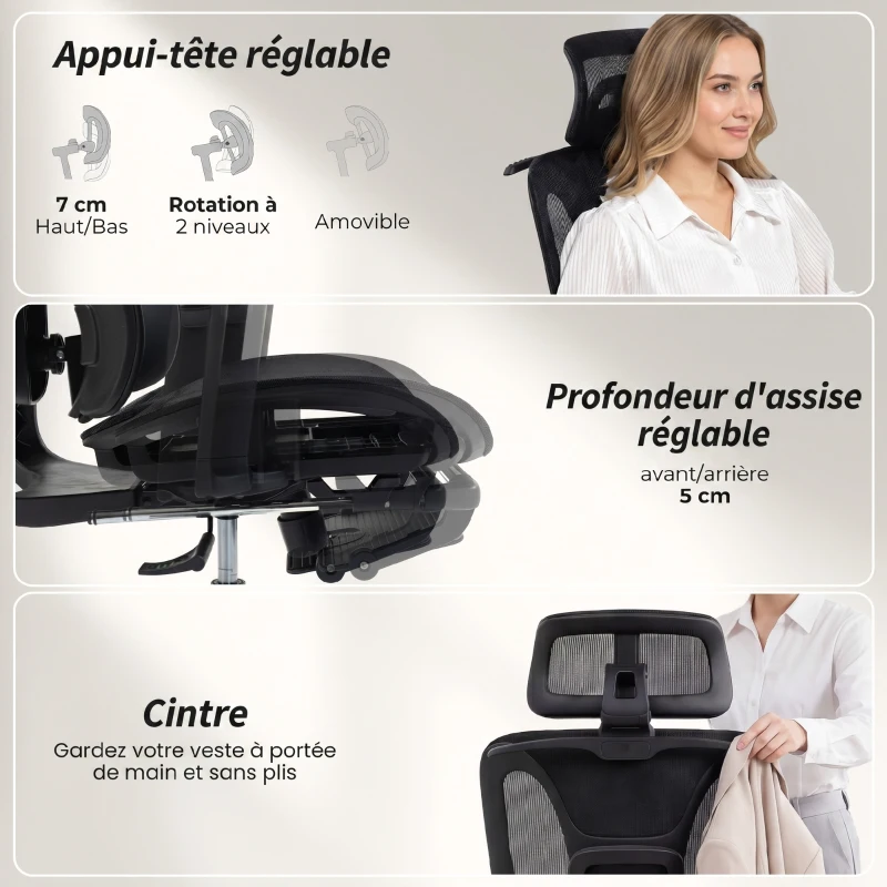 HOMCOM Chaise Bureau Ergonomique avec Accoudoirs 6D, Appui-Tête et Profondeur d'Assise Réglables, 67 x 71 x 133 cm, Noir