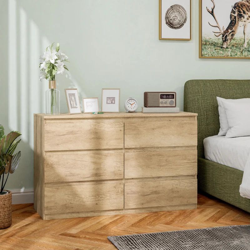 HOMCOM Commode 6 tiroirs meuble de rangement sans poignées design minimaliste 120 x 39 x 75 cm chêne