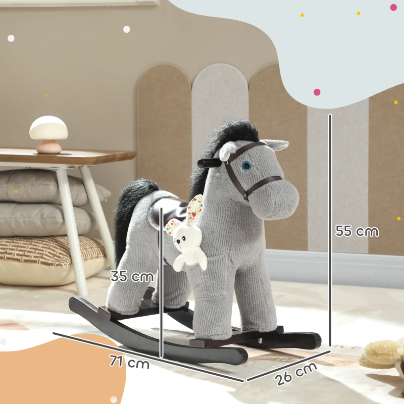 AIYAPLAY Cheval à bascule pour enfants, jouet à bascule bébé en peluche avec eouetffet sonore et poupée, 71 x 26 x 55 cm, gris