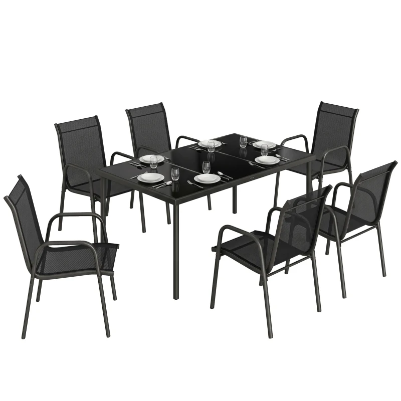 Outsunny Salon de Jardin 6 Personnes Ensemble Table et Chaises Jardin avec Chaises Empilables en Textilène 70x51x87cm Noir