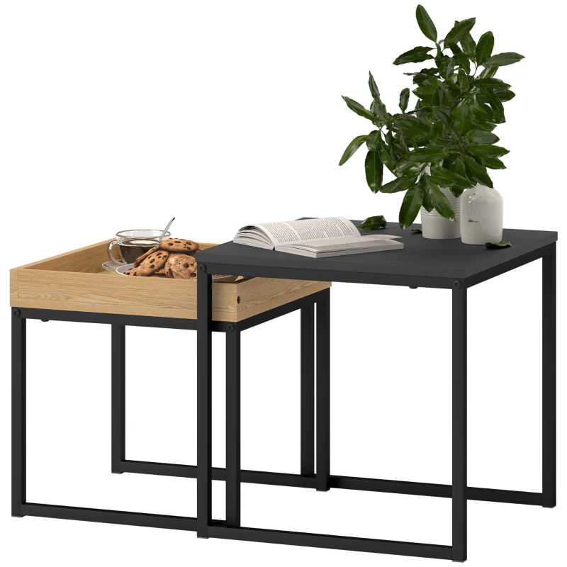 HOMCOM Lot de 2 tables basses gigognes carrées, tables gigognes de salon avec cadre en acier, style moderne, noir