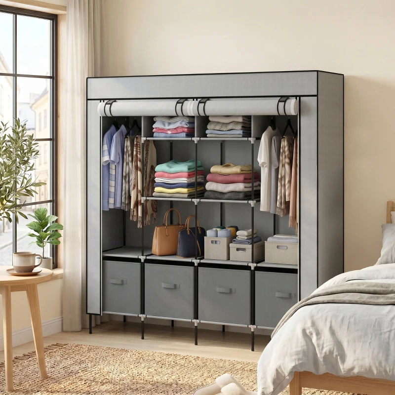 HOMCOM Kleiderschrank Stoffschrank, Türen, 2 Kleiderstangen, 10 Fächer, Grau(m-7)